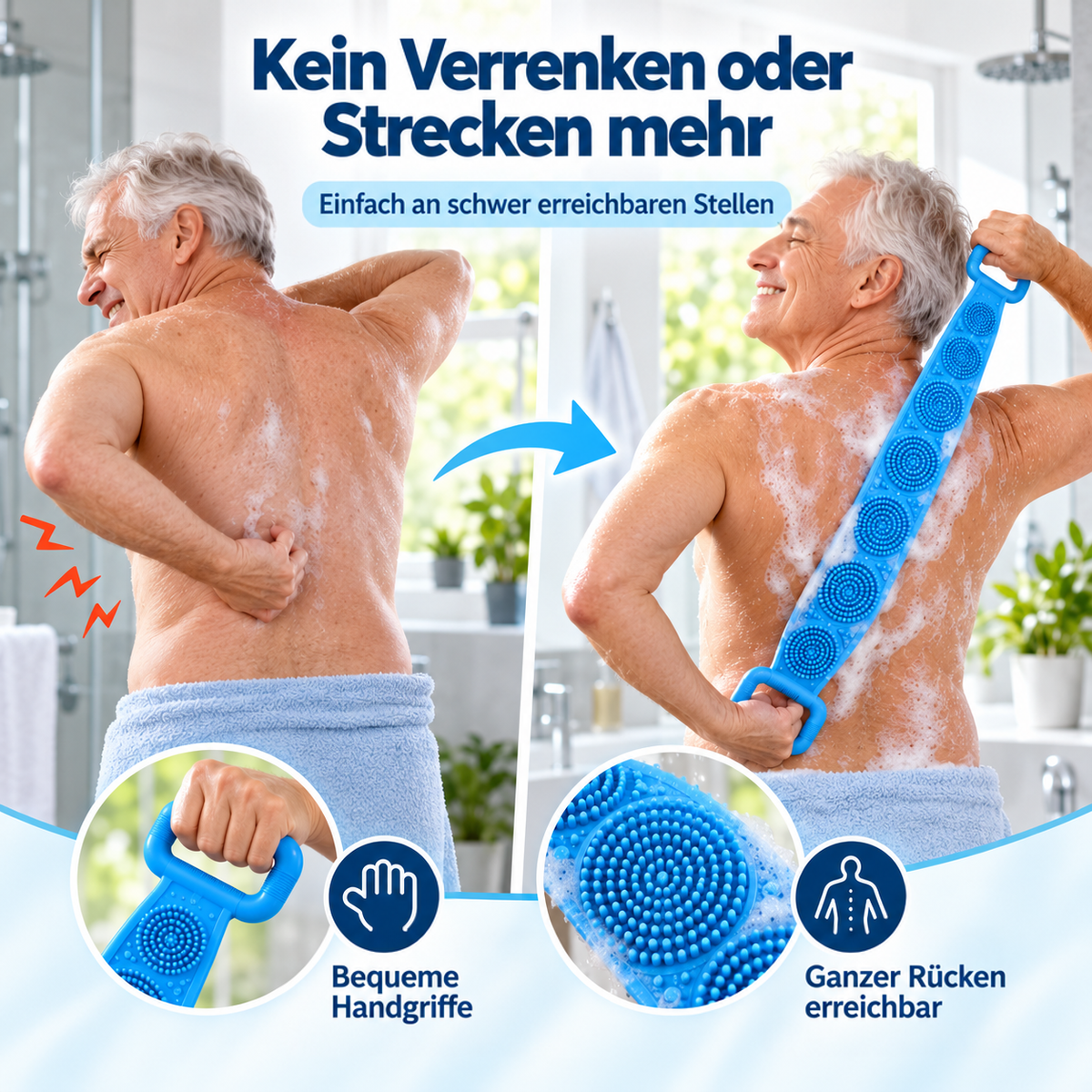 Vorher-nachher-Vergleich: Mann kommt schwer an den Rücken, dann wäscht er ihn mühelos mit der blauen Bürste 2