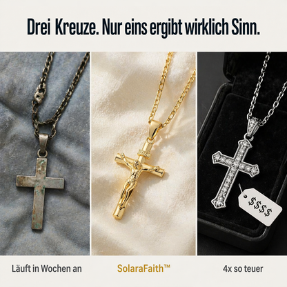 Vergleich dreier Kreuzketten: links angelaufen und fleckig, in der Mitte goldenes Kruzifix, rechts silbernes Kreuz mit 5