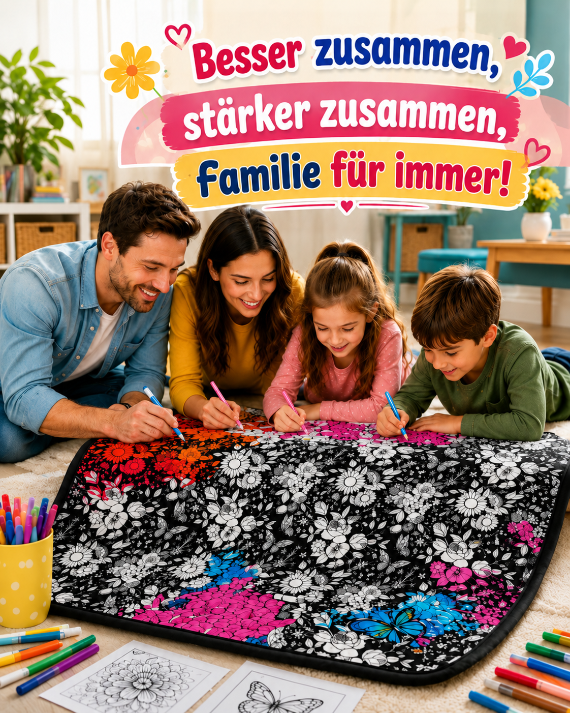 Eine Familie malt gemeinsam auf dem Boden Blumen auf der Decke aus, teilweise schon farbig 3
