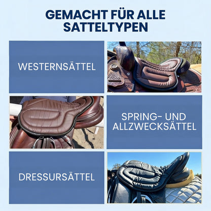 Collage mit dem Sitzkissen auf Western-, Spring- und Dressursätteln, jeweils in Braun oder Schwarz 6