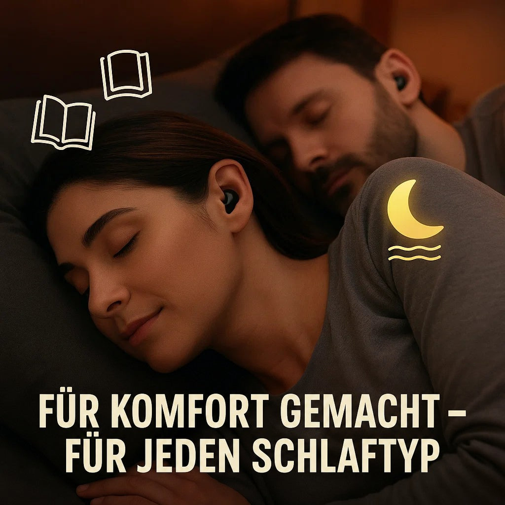 Paar schläft Seite an Seite im Bett, beide tragen kleine schwarze Ohrhörer, mit Buch- und Mond-Symbolen 6