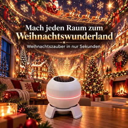 Weißer Kugelprojektor auf einem Holztisch wirft Weihnachtsmann, Rentiere und Winterdorf an die Wände eines geschmückten 2