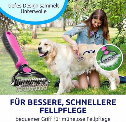 Frau kämmt im Garten einen Golden Retriever mit dem rosa Rechen, links der Rechen einzeln, rechts ein Ausschnitt mit Unterwolle. 8