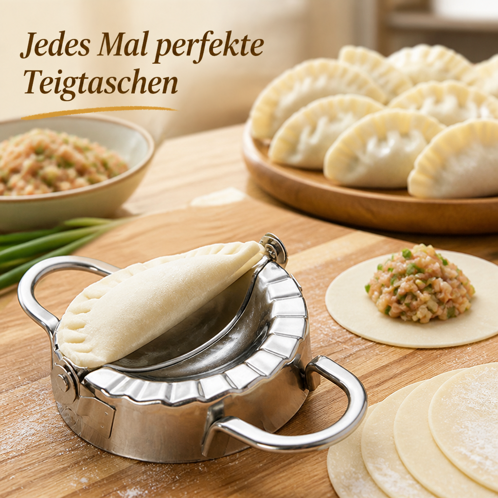 Edelstahl-Teigtaschenform mit gefalteter Teigtasche auf einem Holzbrett, daneben Teigrunden, Füllung und fertige Teigtaschen auf einem Teller. 1