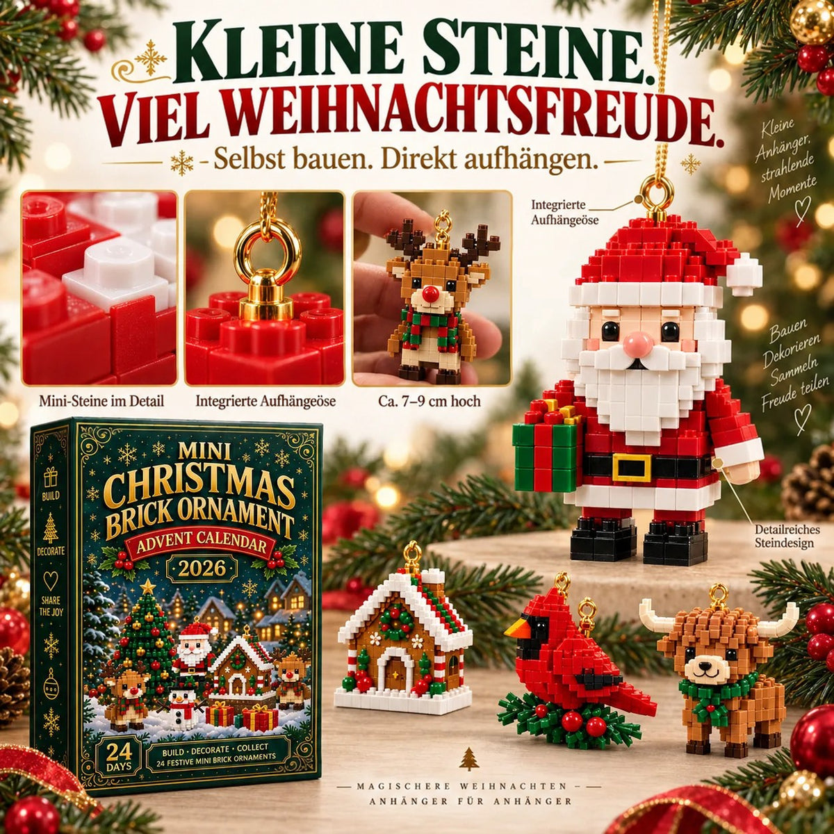 Detailbild mit Nahaufnahmen der Steine, der Aufhängeöse und eines Rentiers in der Hand, dazu ein großer Weihnachtsmann, Lebkuchenhaus, Kardinal und Hochlandrind 6