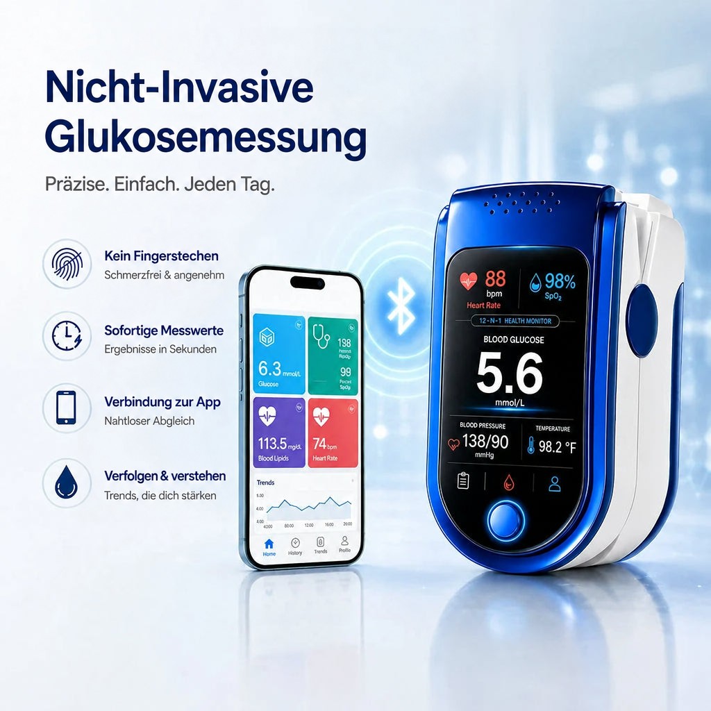 Das Messgerät mit Bluetooth-Symbol neben einem Smartphone, das App-Kacheln und einen Verlaufsgraphen zeigt, links vier Vorteilssymbole. 9