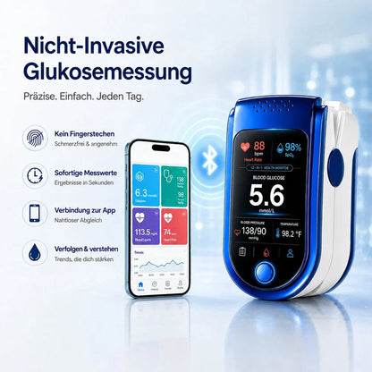 Das Messgerät mit Bluetooth-Symbol neben einem Smartphone, das App-Kacheln und einen Verlaufsgraphen zeigt, links vier Vorteilssymbole. 9