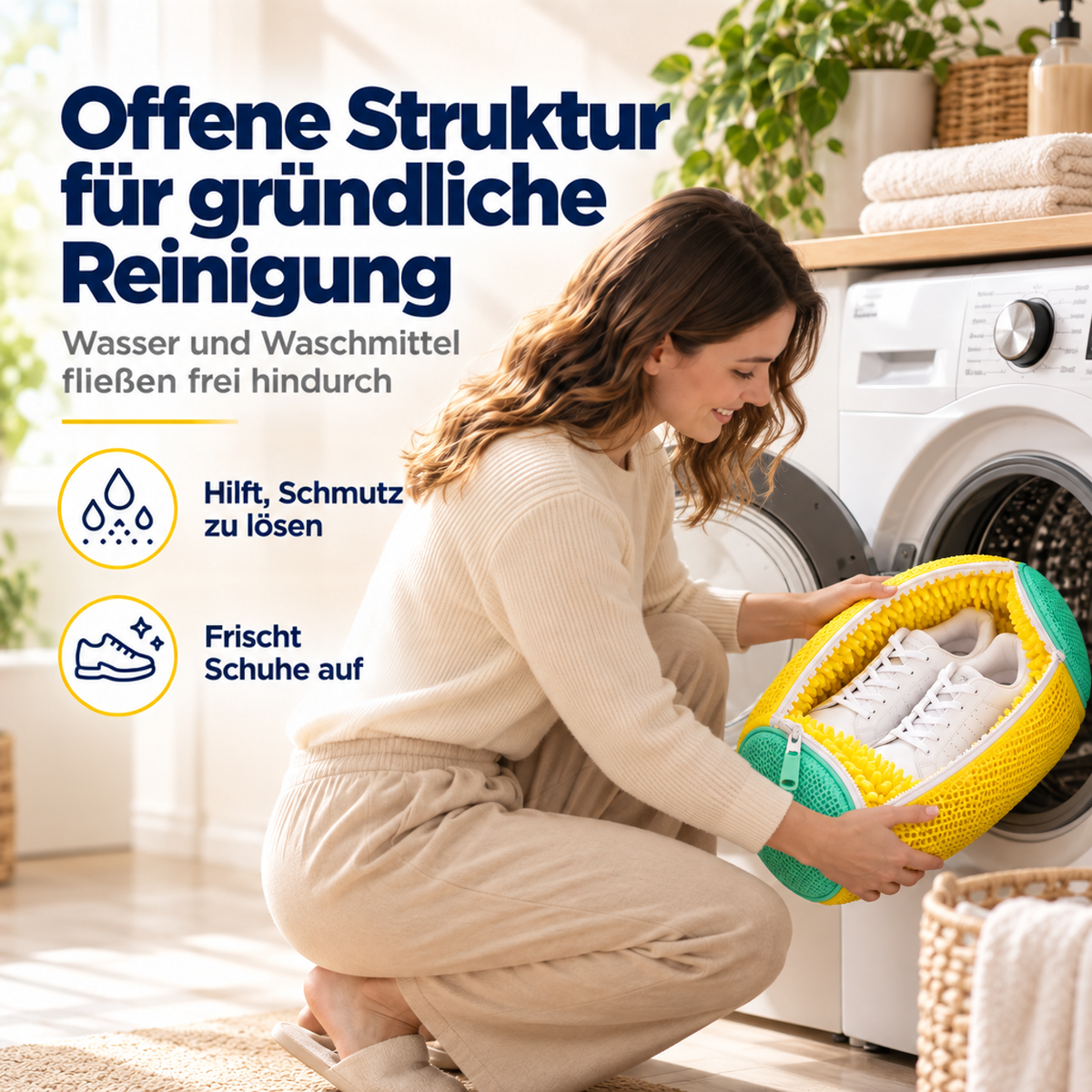 Frau in Wohlfühlkleidung legt den Waschbeutel mit weißen Sneakern in die Waschmaschine 4