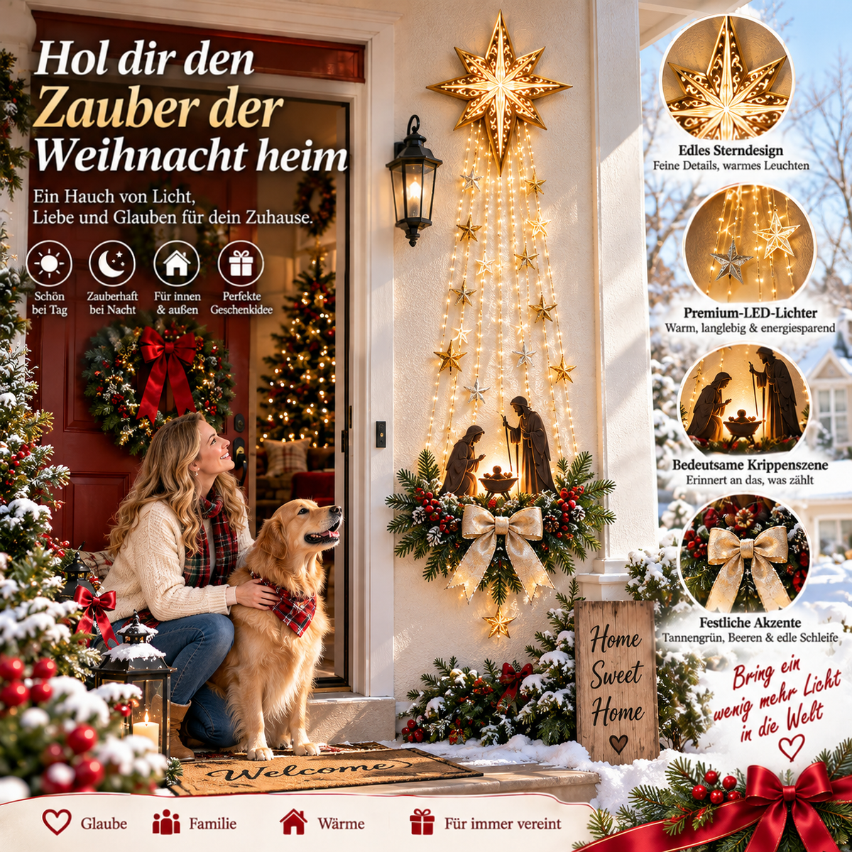 Frau mit Golden Retriever auf der Veranda vor der Dekoration, rechts vier runde Detailaufnahmen 8