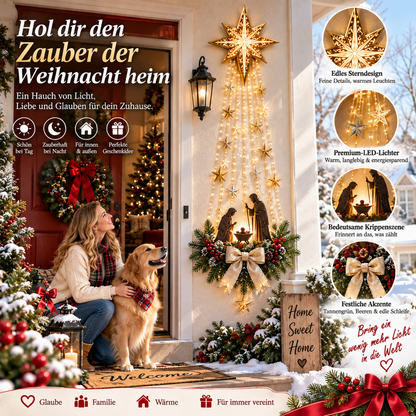 Frau mit Golden Retriever auf der Veranda vor der Dekoration, rechts vier runde Detailaufnahmen 8