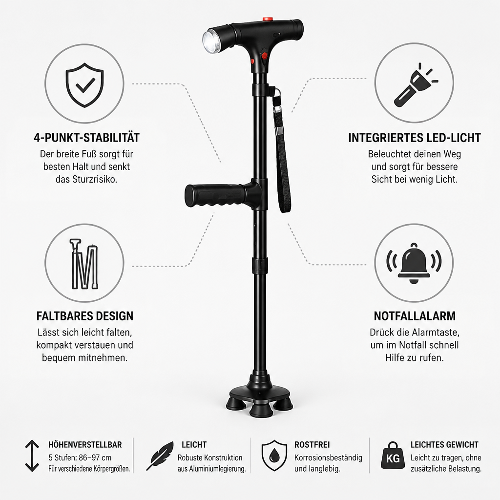 Stock mit Infografik-Symbolen zu Standfestigkeit, LED-Licht, Faltbarkeit, Alarm und verstellbarer Höhe von 86 bis 97 4
