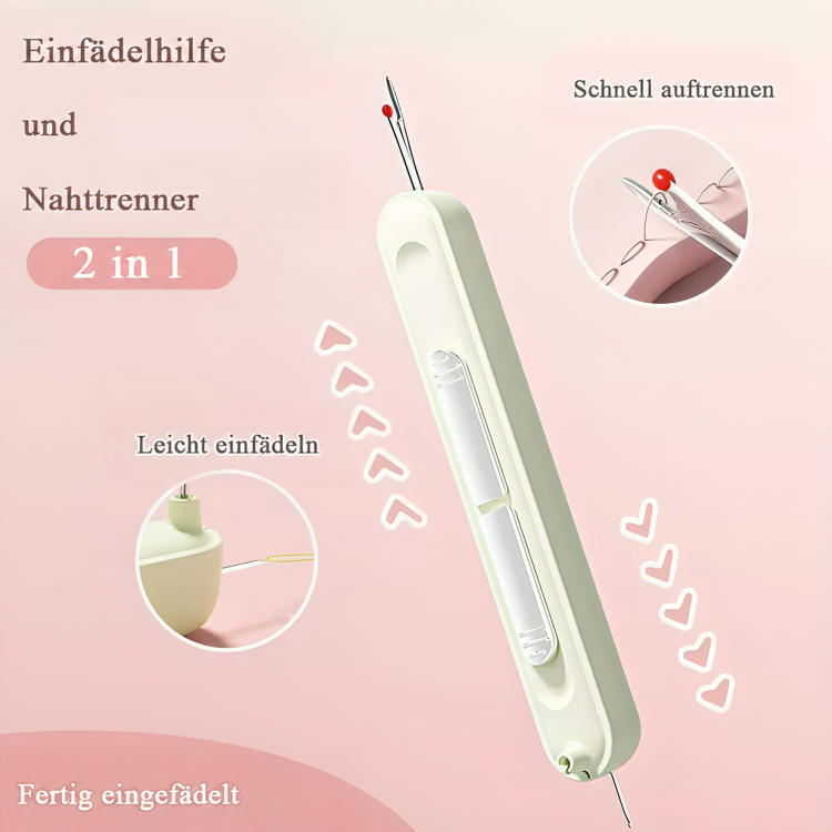 Das Gerät in Hellgrün schräg dargestellt, mit kleinen Ausschnitten zum Einfädeln und zum schnellen Auftrennen 1