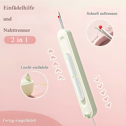 Das Gerät in Hellgrün schräg dargestellt, mit kleinen Ausschnitten zum Einfädeln und zum schnellen Auftrennen 1