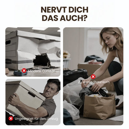 Collage mit Problemen herkömmlicher Aufbewahrung: eingerissener Karton, ein Mann mit schwerer Kiste und eine Frau vor einer überfüllten Papiertüte. 2