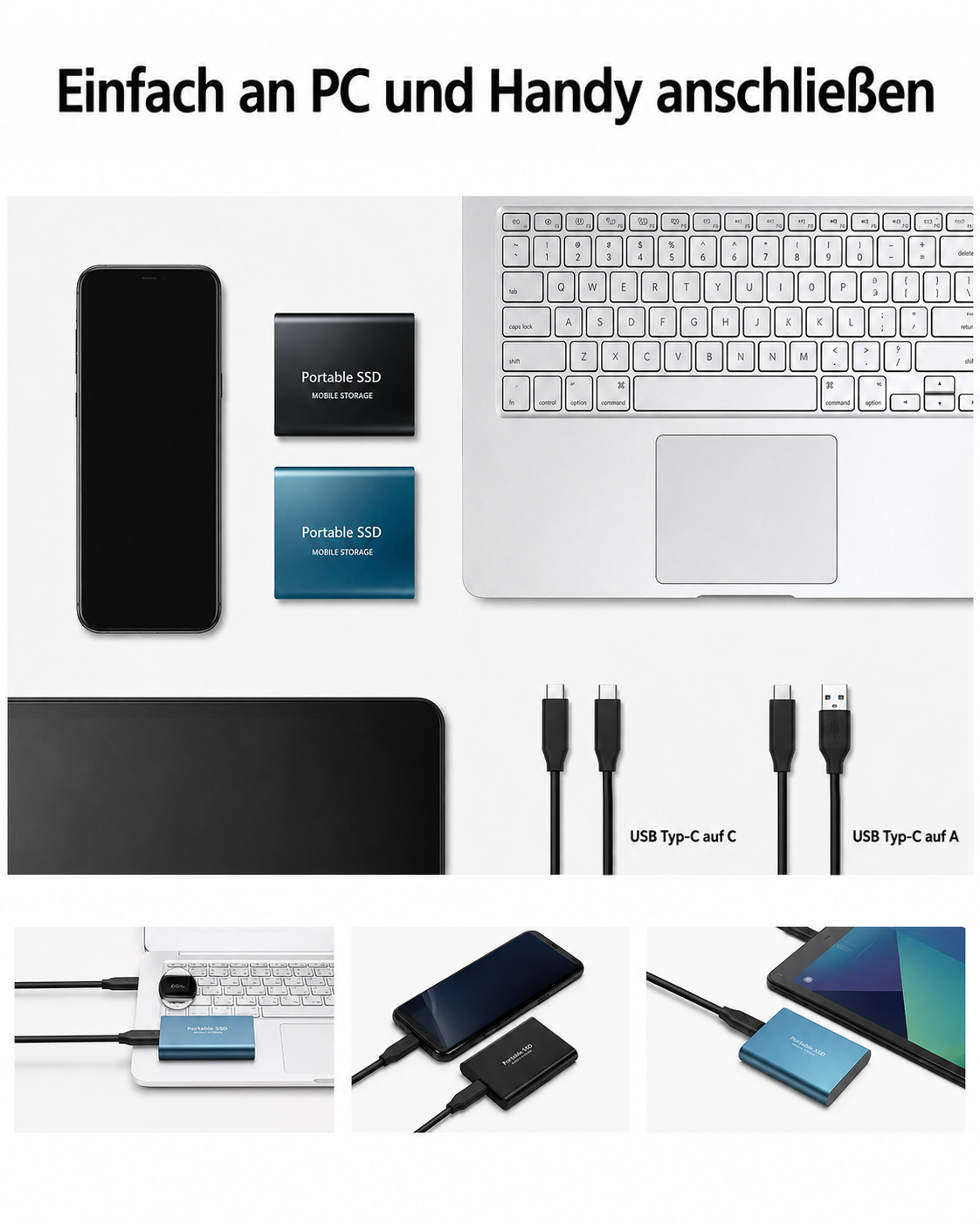 Draufsicht mit SSD in Schwarz und Blau neben Smartphone, Laptop und Tablet, dazu zwei USB-Kabel und drei kleine Anschlussbeispiele. 4