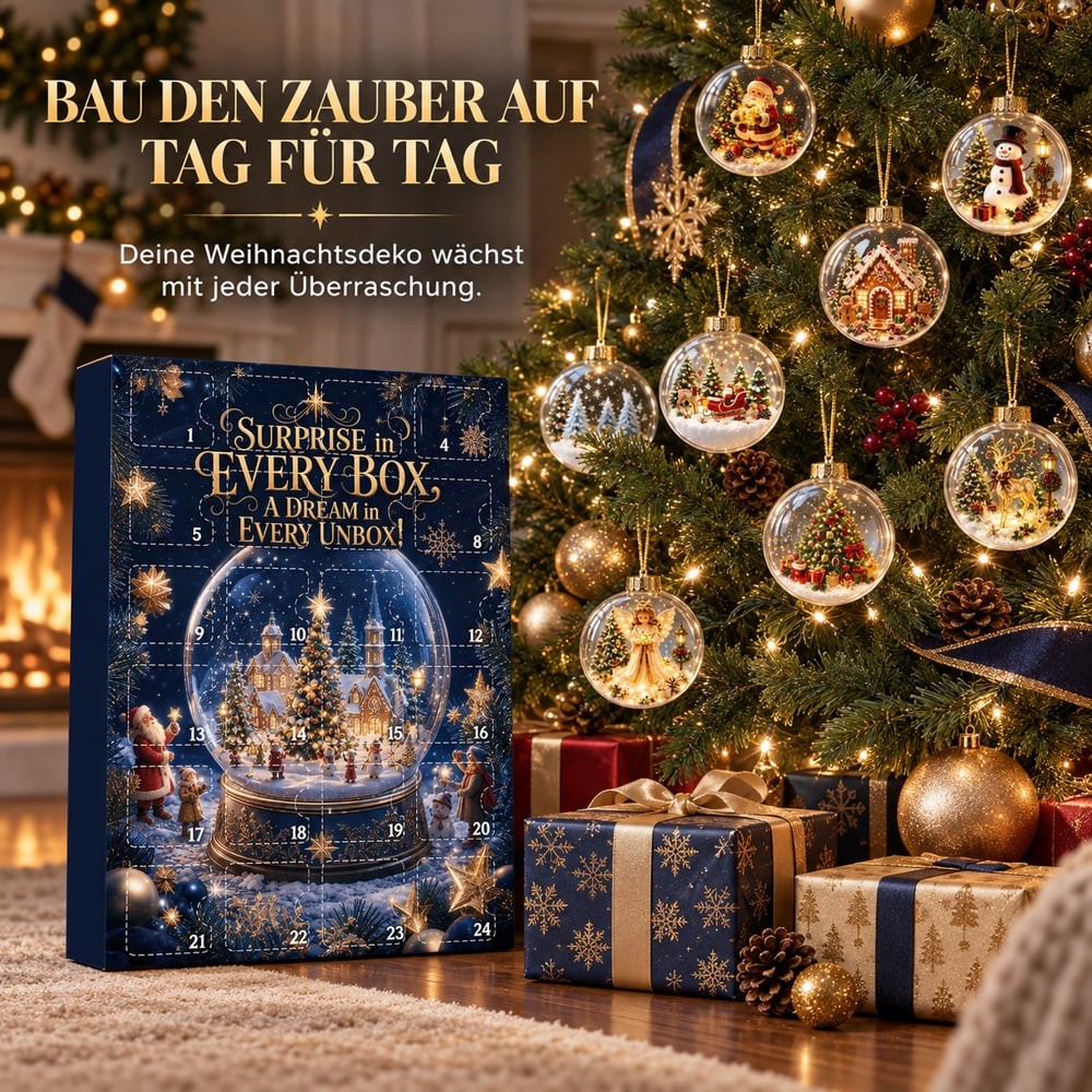 Adventskalender neben einem Weihnachtsbaum, an dem sieben transparente Kugeln mit Weihnachtsmotiven hängen 5