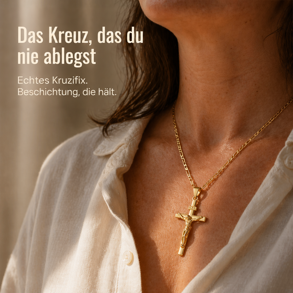 Nahaufnahme einer Frau im cremefarbenen Leinenhemd, die den goldfarbenen Kruzifix-Anhänger an der Figarokette trägt 1
