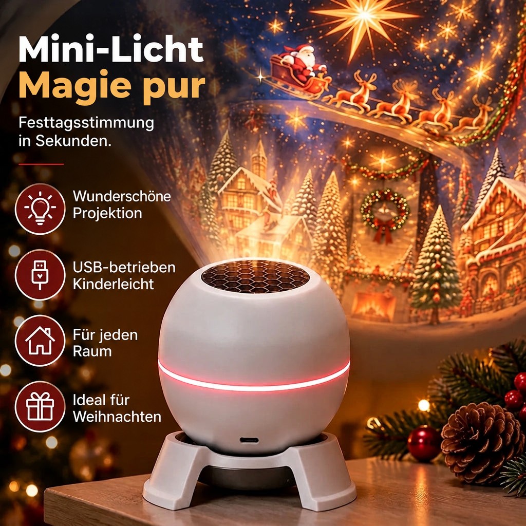 Weißer runder Projektor mit rotem Leuchtring auf einem Tisch, dahinter Weihnachtsmotive an der Wand, daneben vier Vorteile 3