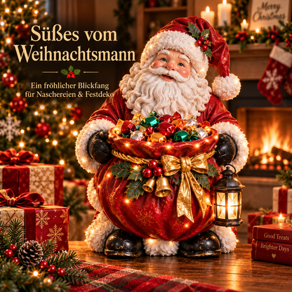 Weihnachtsmann-Figur hält einen roten Geschenkesack voller bunter Bonbons, daneben Laterne, Kamin und Weihnachtsbaum 1