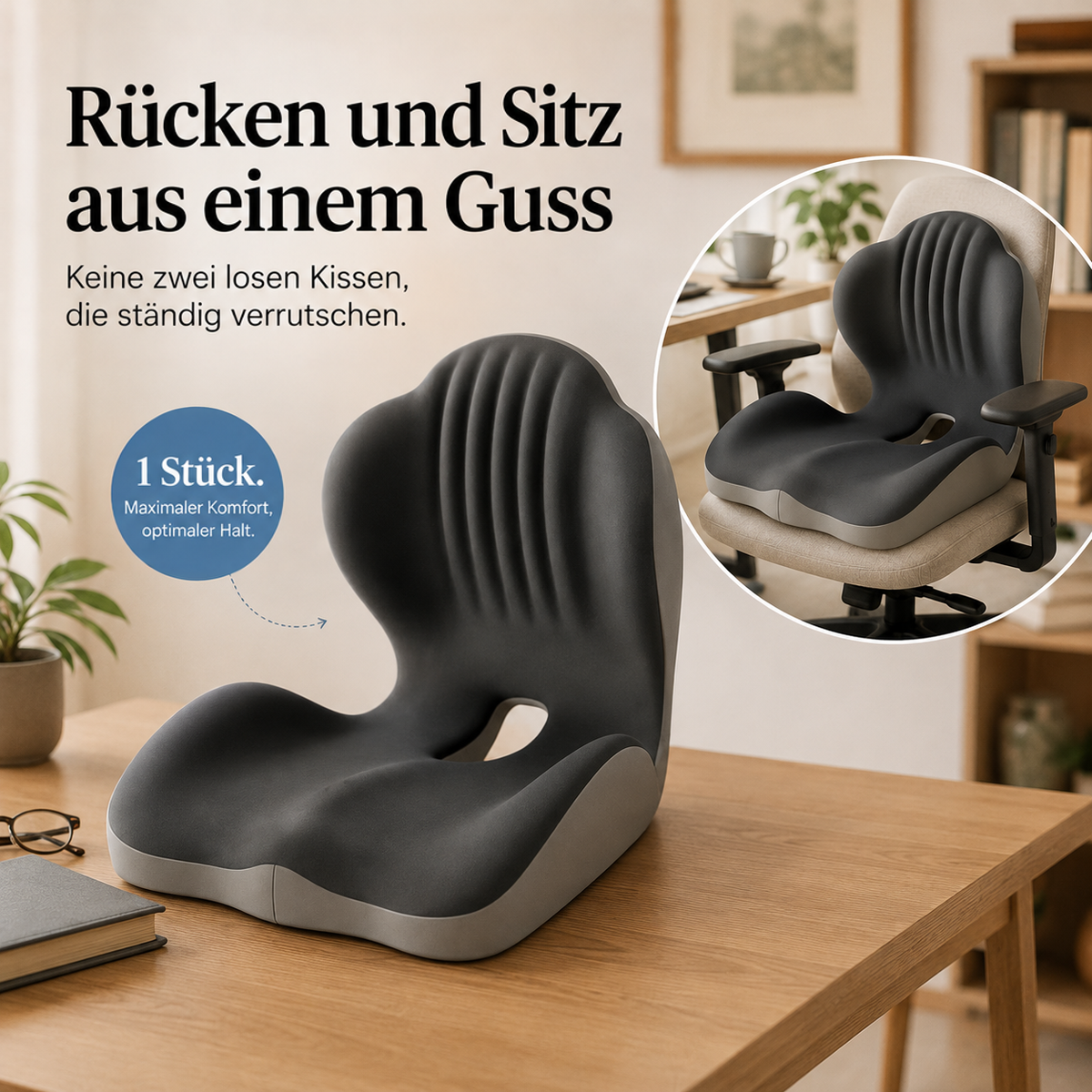 Sitzkissen aus einem Stück auf dem Tisch, daneben ein Kreisausschnitt mit dem Kissen auf einem Bürostuhl 9