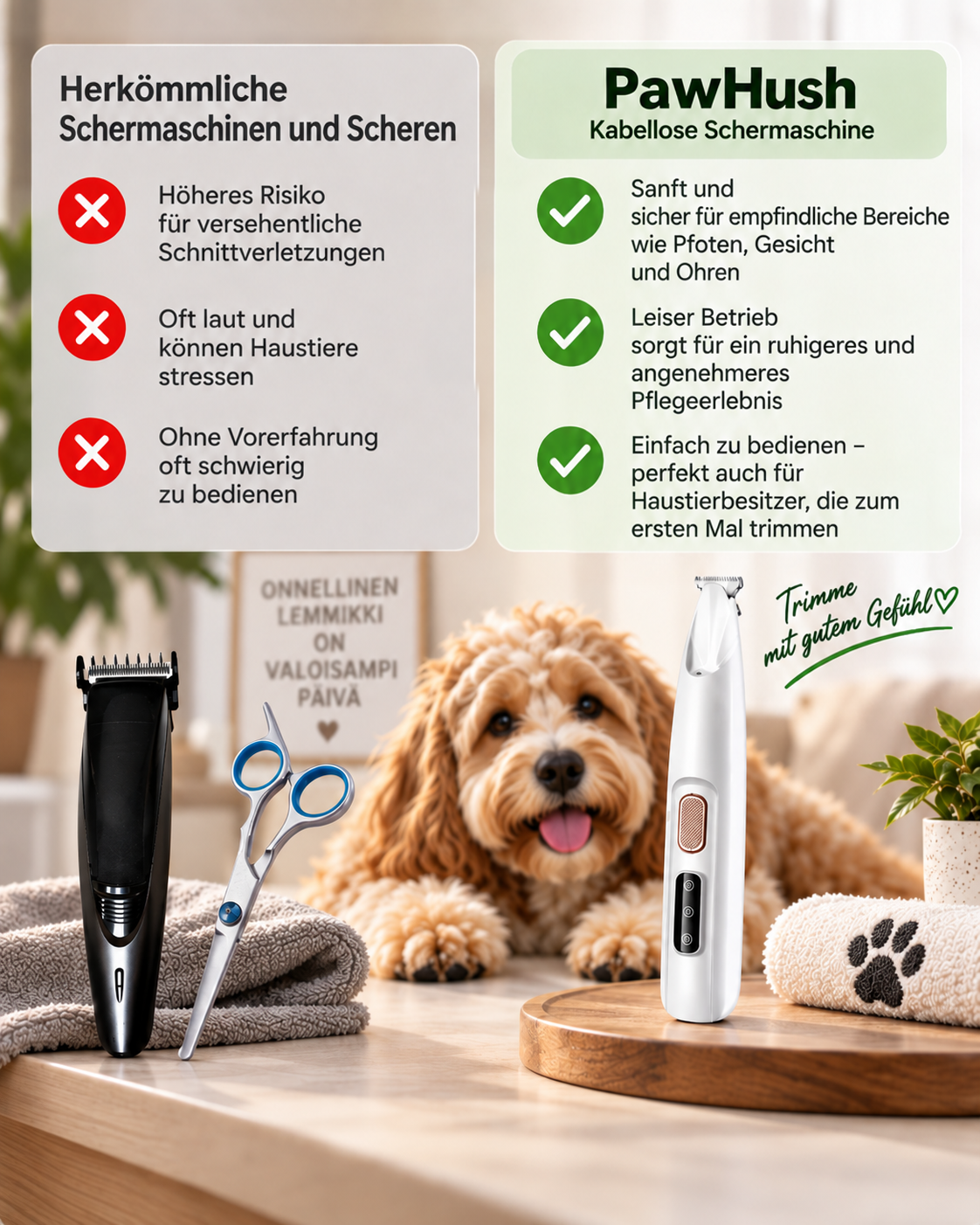 Vergleichsgrafik: schwarzer Haarschneider und Schere links, der weiße Trimmer rechts, dazwischen ein Hund 4
