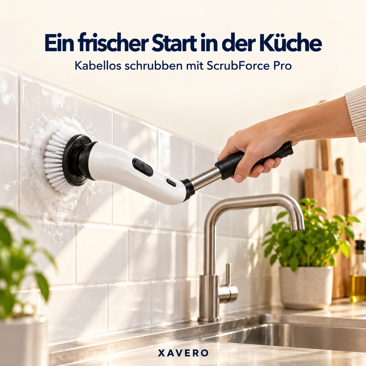 Hand hält das Gerät an der kurzen Stange und schrubbt eine geflieste Küchenwand am Spülbecken 7