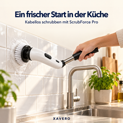 Hand hält das Gerät an der kurzen Stange und schrubbt eine geflieste Küchenwand am Spülbecken 7