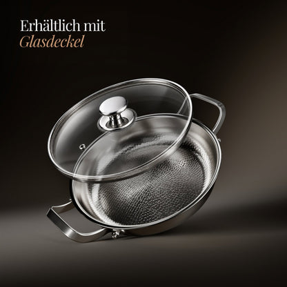 Pfanne schräg gestellt mit aufgelegtem Glasdeckel samt metallischem Knauf, dazu ein Hinweis, dass ein Glasdeckel erhältlich ist. 3