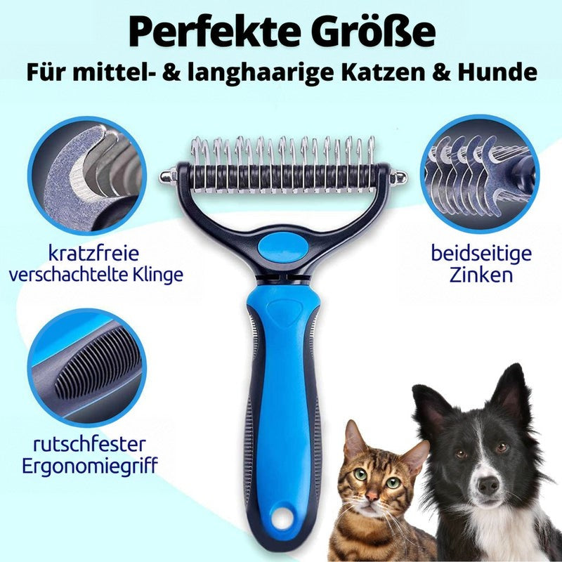 Blauer Pflege-Rechen mit Doppelzinken und rutschfestem Griff, Detailkreise zeigen die Klingen, daneben eine Katze und ein Border Collie. 1