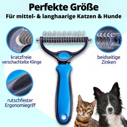 Blauer Pflege-Rechen mit Doppelzinken und rutschfestem Griff, Detailkreise zeigen die Klingen, daneben eine Katze und ein Border Collie. 1