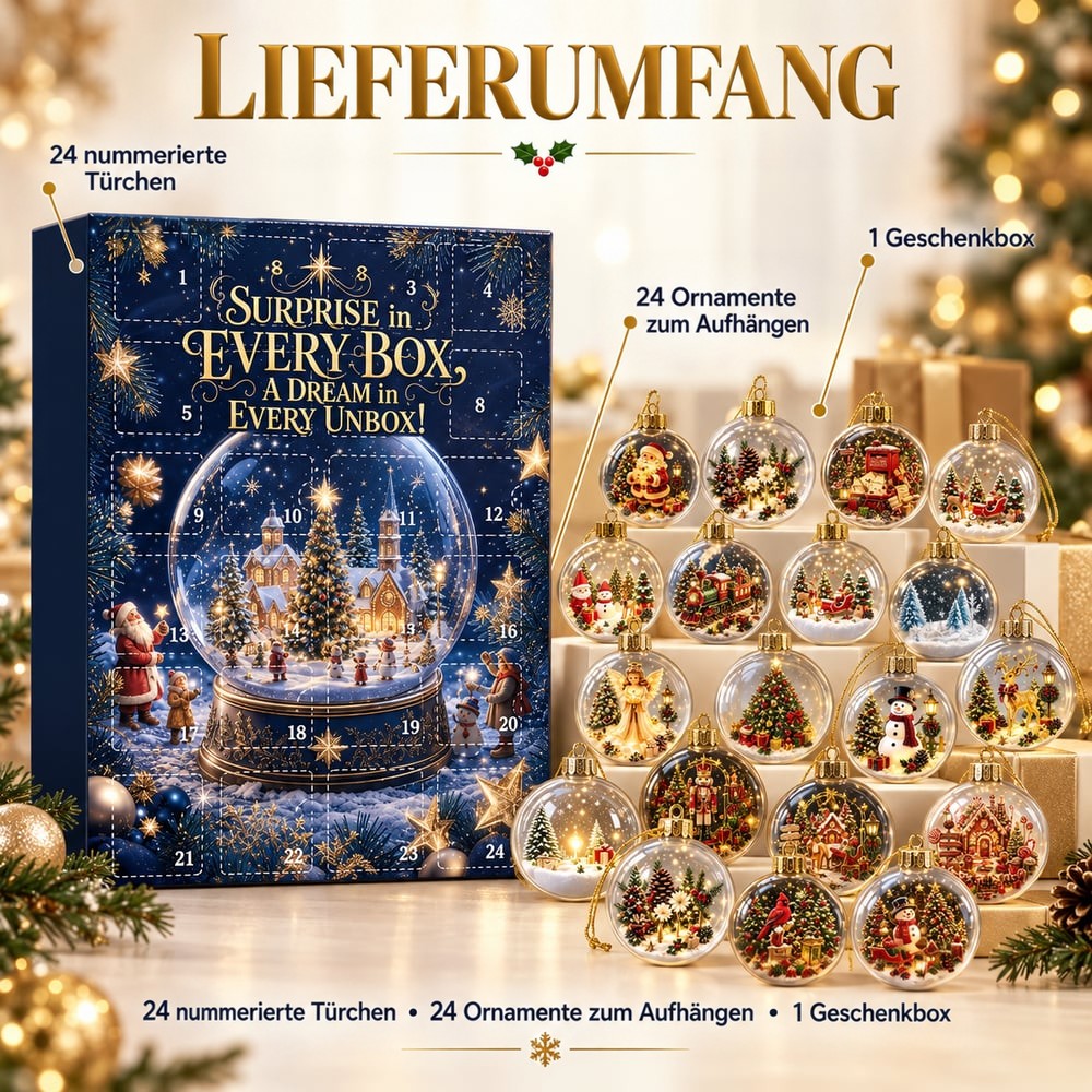 Lieferumfang: Adventskalender mit 24 nummerierten Türchen und mehrere gestapelte transparente Kugeln mit unterschiedlichen 8
