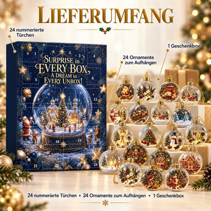 Lieferumfang: Adventskalender mit 24 nummerierten Türchen und mehrere gestapelte transparente Kugeln mit unterschiedlichen 8