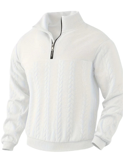 Weißer Strickpullover mit Reißverschluss, Zopfmuster, Herrenmode, Winterkleidung, Baumwolle.