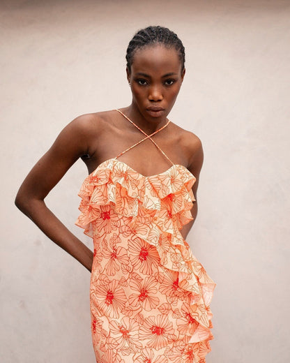 Chiffon-Maxikleid mit Raffungen und überkreuzten Trägern – Elenna