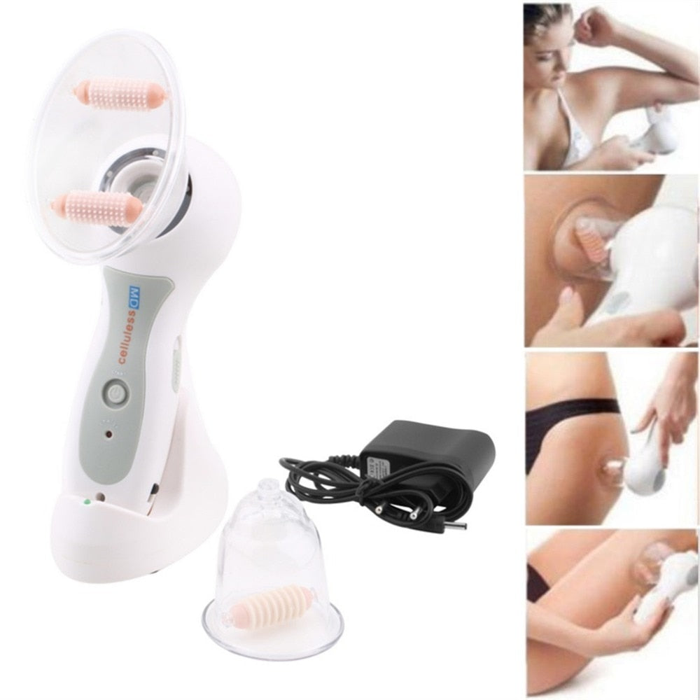 Tragbares Anti-Cellulite-Massagegerät, weiß, mit Saugfunktion und Zubehör, für Körperpflege.