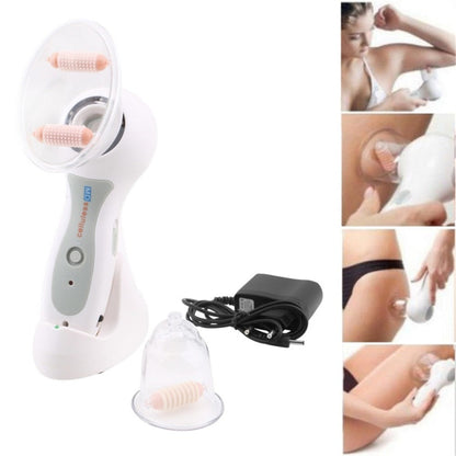 Tragbares Anti-Cellulite-Massagegerät, weiß, mit Saugfunktion und Zubehör, für Körperpflege.