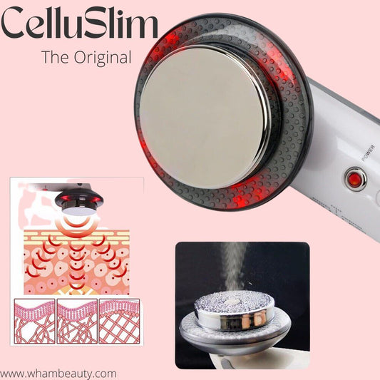 CelluSlim Ultraschallgerät zur Hautstraffung, weiß, rot beleuchtet, Anti-Cellulite-Behandlung.
