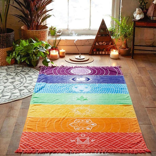 Bunter Chakra-Teppich aus Baumwolle, Meditationsdecke, spirituelle Heimdekoration, Yoga-Zubehör.