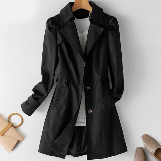 Schwarzer Damenmantel aus Baumwolle, elegant, knielang, mit Knöpfen, ideal für Herbstmode.