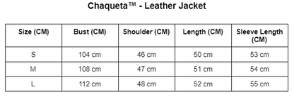 Größentabelle für Chaqueta Lederjacke, Größen S-L, Maße in cm, modische Herrenbekleidung.