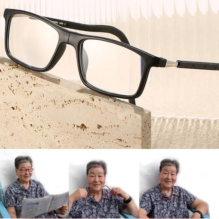 Schwarze Brille auf einem Steinblock, darunter drei Fotos einer älteren Frau, die Zeitung liest und die Brille um den Hals trägt. 11
