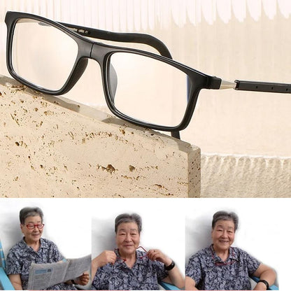 Schwarze Brille auf einem Steinblock, darunter drei Fotos einer älteren Frau, die Zeitung liest und die Brille um den Hals trägt. 11