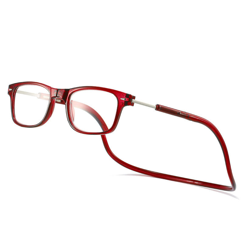 Lesebrille mit eckigem Rahmen und Halsband in durchscheinendem Dunkelrot, schräg von vorn auf weißem Hintergrund. 4