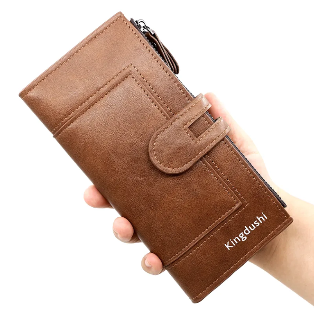 Braune Leder-Geldbörse in Hand, Herren-Portemonnaie, Reißverschluss, Kingdushi-Logo.