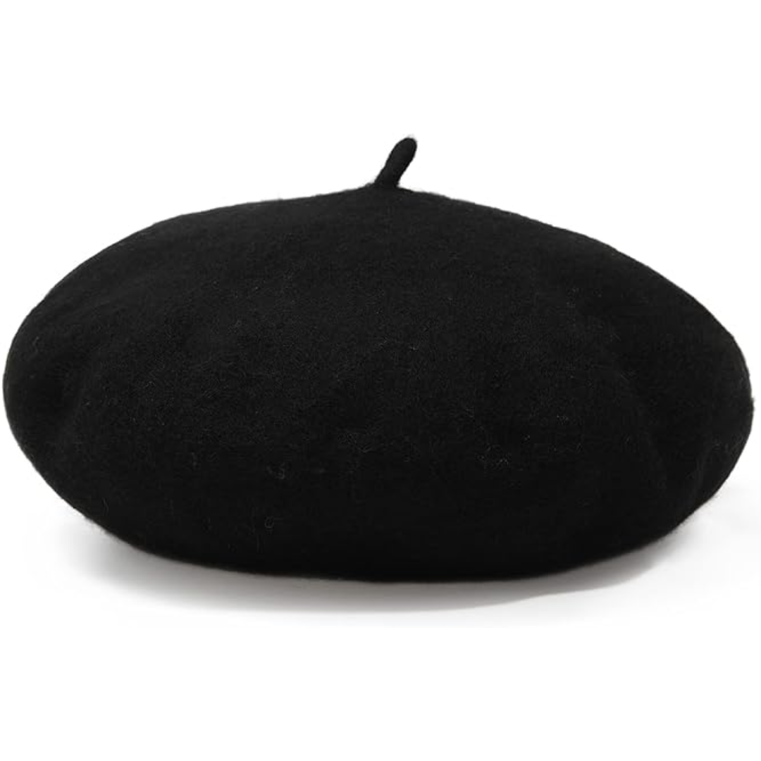 Schwarzer Wollberet mit kleinem Stiel, Seitenansicht vor weißem Hintergrund 4
