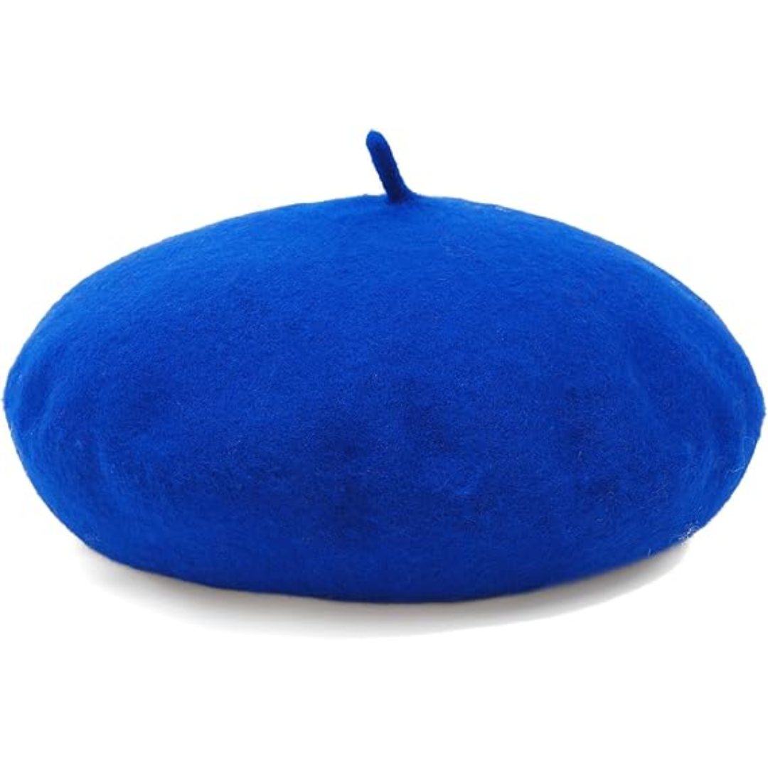 Wollberet in kräftigem Königsblau mit kleinem Stiel, vor weißem Hintergrund 5