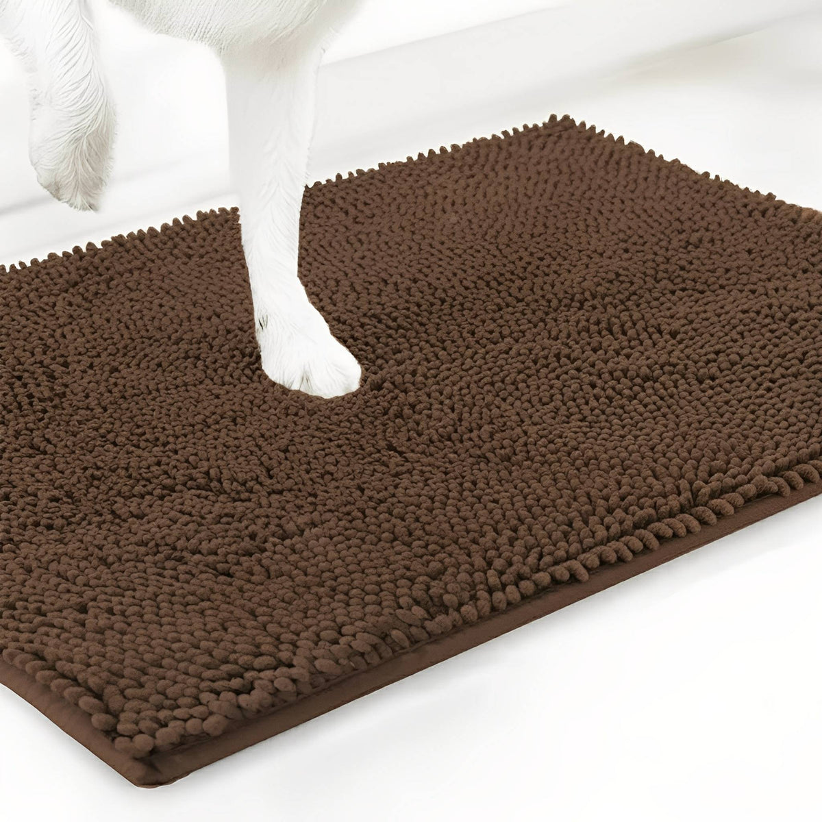 Weiße Hundepfote auf der braunen Chenille-Matte vor weißem Hintergrund. 18