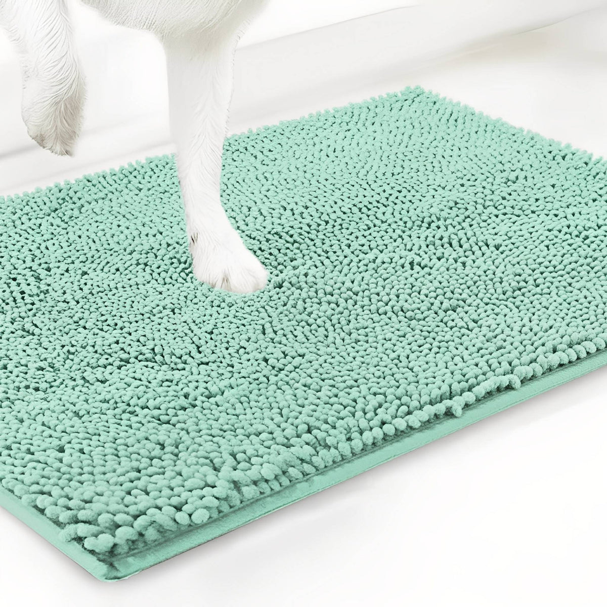 Weiße Hundepfote auf der mintgrünen Chenille-Matte vor weißem Hintergrund. 15