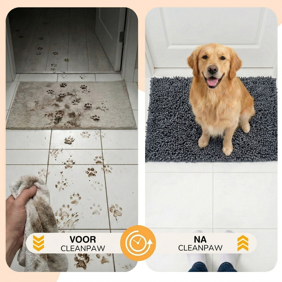 Vorher-Nachher-Vergleich: links schmutzige Pfotenabdrücke auf Fliesen und Matte, rechts ein sitzender Hund auf sauberer grauer Matte. 6