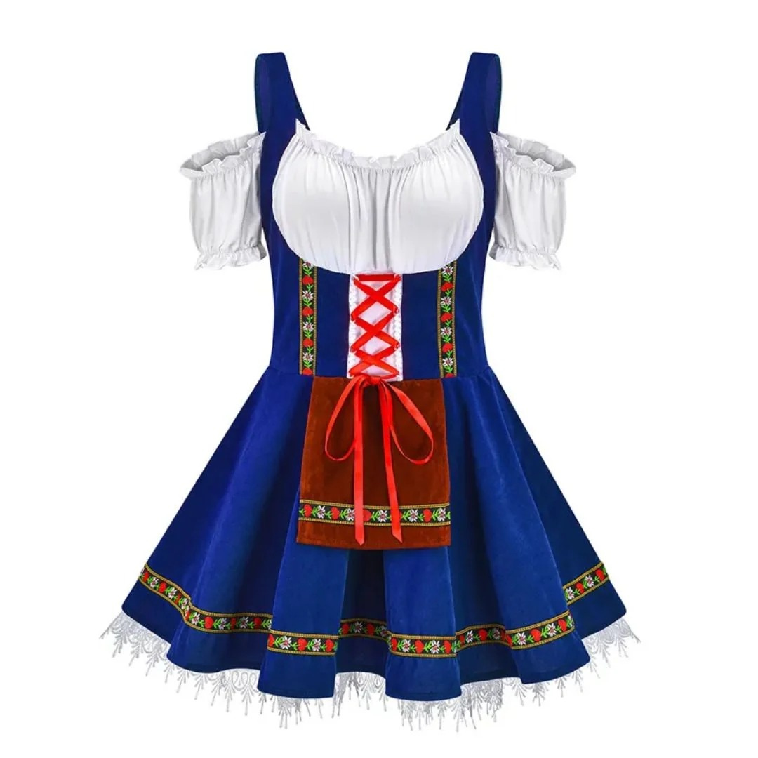 Dirndl in Blau mit weißen Puffärmeln, roter Schnürung, brauner Schürze und Spitzensaum 2